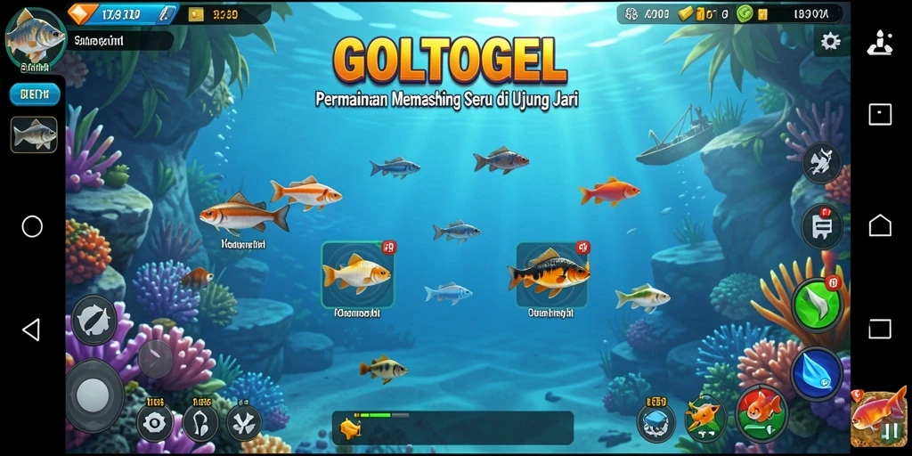 Screenshot gameplay GOLTOGEL menunjukkan keseruan memancing di berbagai lokasi.